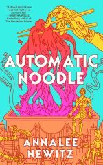 Brightly-colored line drawing of a robotic hand lifting noodles (dripping with sauce) from a steaming tub with a pair of chopsticks, above a futuristic San Francisco skyline (plus Golden Gate Bridge, of course) with more robots, one of whom is holding a wire wisk.
