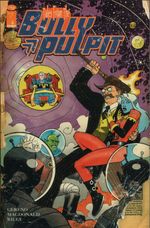 Comic book cover. A blue woman with antennae and long white hair wearing a red jumpsuit clings to Teddy Roosevelt (in his classic suit and cowboy hat), who wields a lit torch against menacing green aliens (also with antennae) in space suits. In the distance, a man sits in a high-tech chair surrounded by a floating bubble. Stars and planets are visible in the background.