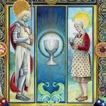 Detailed calligraphy with a knight in armor and an old woman in a modern apron on either side of the holy grail.