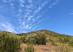 Blue sky with small, scattered clouds in lines like ripples, above a hill with mostly brown scrub, but some green bushes.
