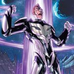 Cover featuring a man in sci-fi armor standing with his arms out in front of a column of purple energy and yelling.