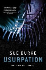Close-up of the "jaws" of a venus flytrap, nearly monochrome blue-and-purple on a black background dusted with stars (or pollen). The title Usurpation and author Sue Burke are named prominently, along with the caption: Sentience Will Prevail.