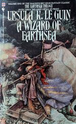 A drawing of a young man with reddish skin (though still lighter than it should be) and long black hair blowing behind him in the wind, holding a staff with a sinuous dragon carved round the end, stands in a tiny sailboat with eyes carved on either side of the rudder. He wears a blue cloak lined with fur that conceals his torso and one leg, a red scarf or hood thrown back over his shoulder, fur-lined boots, Waves crash around him, and swirling light reaches from his outstretched hand toward the spine of the book. If you look closely at the spine, you can see that it cost $3.95 at the time.