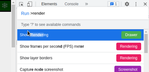Screenshot of Chromium Dev Tools with the search field open and render typed, with the Rendering Drawer option highlighted.