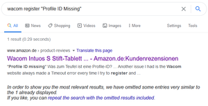 Google search for Wacom register "Profile Id Missing" with one result, and the we've omitted similar results message.